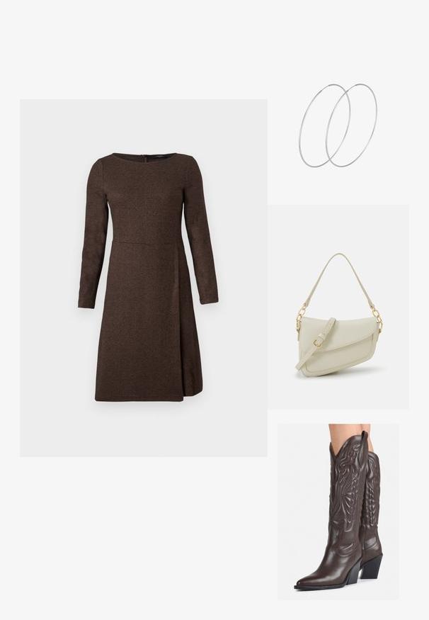 Braunes langärmliges Kleid aus strukturiertem Stoff, tailliert an der Oberseite, mit auslaufendem Rock, ausgestattet mit einem Reißverschluss auf der Rückseite.; Braune Leder-Cowboy-Stiefel mit spitzem Punkt und Blockabsatz, die über detaillierte Stickereien und hervorgehobene Akzente am Schaft verfügen.; Kleine cremefarbene Handtasche mit strukturiertem Finish, einem langen verstellbaren Tragegurt, einem Kettenakzent und einem Klappenverschluss. Goldene Hardware-Details.; Silberne Creolen mit minimalistischem Design. Rundform, glatte Oberfläche und dünnes Profil. Leichtgewichtig mit hochglänzender Oberfläche.