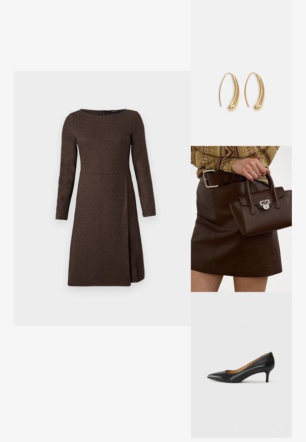 Ruskea pitkähihainen mekko, jossa on teksturoitu kangas, istuva yläosa ja levenevä helma, jossa on takana vetoketjukiinnitys.; Mustat nahka-korkokengät, joissa on terävä kärki, matala korko ja sileä pinta. Edessä on pieni aukko ja takana minimaalinen varustus.; Ruskea nahkainen käsilaukku, jossa on teksturoitu pinta ja hopeiset yksityiskohdat, pidetään kädessä ruskean nahkahameen ja kuviollisen neuleen vieressä.; Korvakorut kultasävytteistä metallista, joissa on kaareva, pitkänomainen muoto. Ominaisuuksiin kuuluu sileä, kiiltävä pinta ja pyöreä kärki lisäyksinä.