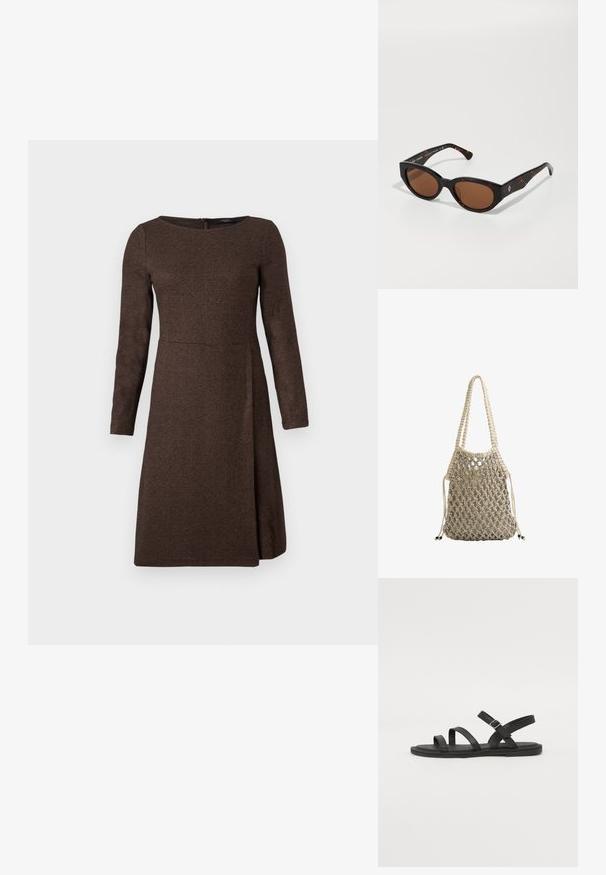 Braunes langärmliges Kleid aus strukturiertem Stoff, tailliert an der Oberseite, mit auslaufendem Rock, ausgestattet mit einem Reißverschluss auf der Rückseite.; Schwarze Ledersandalen mit drei breiten Riemen über dem Fuß und einem verstellbaren Knöchelriemen. Flache Sohle mit minimalem Profil. Schlichtes Design.; Schwarze Schildpatt-Sonnenbrille mit braunen Gläsern, eckigem Design und breiten Bügeln, die ein dezentes Logo-Detail aufweisen. Glatte Kunststoffoberfläche.; Webte helle Tasche mit einem netzartigen Design, ausgestattet mit zwei geflochtenen Tragegriffen und einem Kordelzugverschluss, akzentuiert mit dunklen Perlendetails.