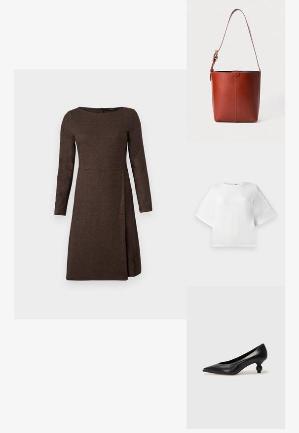 Hnedé dlhé rukávy šaty s textúrovanou tkaninou, priliehajúce na trup, rozširujúce sa na sukni, s uzáverom na zips na zadnej strane.; Bielo-krátky top s krátkymi rukávmi a okrúhlym výstrihom, zdobený čipkovými detailmi na rukávoch. Vyrobený z hladkej látky, s mierne skráteným strihom.; Čierna kožená vysoká topánka na podpätku s ostrým špičkou a okrúhlym, guľatým podpätkom. Hladký povrch s moderným, minimalistickým dizajnom.; Hnedá kožená vedierková kabelka s nastaviteľným ramenným popruhom a zlatým sponou, jednoduchý vertikálny šev na prednej strane.