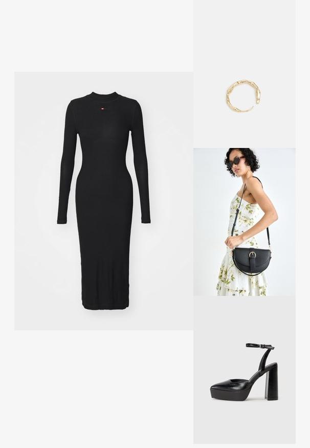 Sort langærmet kjole lavet af ribbet stof, med en høj halsudskæring og en tætsiddende silhuet, der falder til middellæggen.; Sorte platformhæle med spidse tæer og justerbar ankelrem. Construeret i glat læder, med en kraftig blokhæl.; Sort læderhåndtaske med en buet form, aftagelig rem og guldfinish. Tasken har en klap med en spænde detalje.; Guld-tone ring med et organisk, snoet design, glat overflade og affasede ender, hvilket skaber et moderne, skulpturelt udseende.