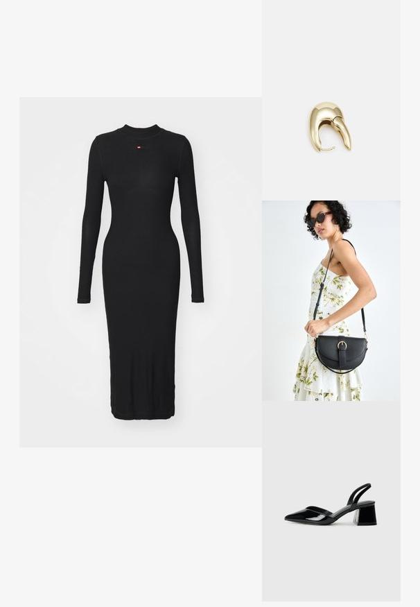 Zwarte jurk met lange mouwen van ribstof, met een hoge halslijn en een getailleerde silhoeët die tot halverwege de kuit valt.; Zwarte gepatineerde leren slingback hakken met een spitse neus en een geometrische blokhak. Kenmerkt zich door een slank, minimalistisch ontwerp en een gladde textuur.; Zwarte leren handtas met een gebogen vorm, afneembare schouderband en gouden hardware. De tas heeft een klep met een gespsluiting.; Gouden metalen oorbel met een slank, gebogen ontwerp. Beschikt over een kenmerkende puntige vorm, gepolijste oppervlakte en scharnier sluiting.