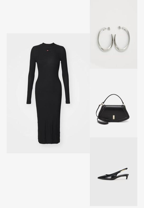 Schwarzes langärmliges Kleid aus Rippstoff, mit hohem Kragen und einer figurbetonten Silhouette, die bis zur Mitte der Waden reicht.; Schwarze Leder-Slingback-Pumps mit spitzem Schuhblatt, ausgestattet mit einem schlanken Absatz und einem goldfarbigen Akzent am verstellbaren Riemen. Glatte Textur.; Schwarze Lederhandtasche mit einem strukturierten Design, das eine verkürzte Form, einen oberen Griff und goldfarbene Hardware-Details aufweist. Verstellbarer Schulterriemen ist enthalten.; Silberne Creolen mit einem glatten, geschwungenen Design. Mit einem glänzenden metallischen Finish und Steckverschluss. Keine sichtbaren Muster oder Akzente.
