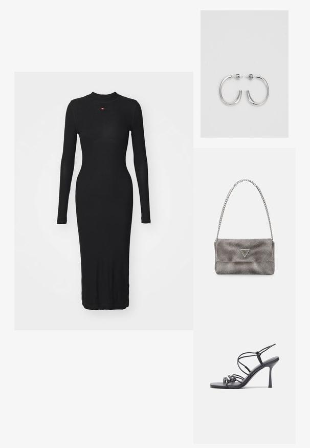 Musta pitkähihainen mekko ribbikankaasta, jossa on korkea kaulus ja vartalonmyötäinen siluetti, joka ulottuu keskikalkkiin.; Mustat korkokengät sandaalit, joissa on ohuet hihnat solmittuna, sileä neliön muotoinen varvasosa ja tyylikäs stiletto-korko.; Vaalea harmaa metallinen käsilaukku, jossa on ketjusanka. Laukku on koristeltu pienillä pyöreillä metallikoruilla ja kolmion muotoisella brändilogolla.; Hopehopeet hopehopeet hopehopeet hopehopeet, jolla on sileä, kiiltävä pinta. Pyöreä muoto, kevyt rakenne, jossa on neulakiinnitys.