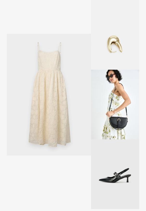 Vestido midi de encaje en color crema, con tirantes finos ajustables, un corsé ceñido y una falda acampanada con patrones florales en toda su superficie.; Zapatos de tacón en charol negro con tira al tobillo, punta afilada y un pequeño tacón bloque, que cuentan con un acento de hebilla plateada en la correa.; Bolso de piel negra con forma curva, correa desmontable y herrajes dorados. El bolso cuenta con una solapa con un detalle de hebilla.; Pendiente de metal en tono dorado con un diseño elegante y curvado. Presenta una forma puntiaguda distintiva, superficie pulida y cierre de bisagra.