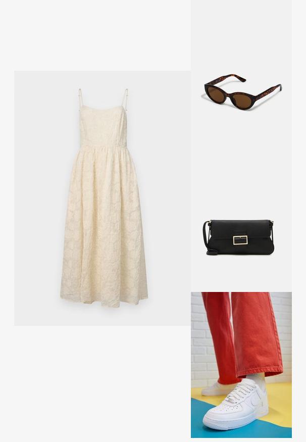 Cremfarbene Spitzen-Midikleid mit dünnen verstellbaren Trägern, einem taillierten Oberteil und einem weit schwingenden Rock mit floralen Mustern.; Weiße Leder-Sneaker mit perforiertem Zehenbereich, strukturiertem Sohlen und weißen Schnürsenkeln, kombiniert mit weiten roten Hosen und einem blauen und gelben Hintergrund.; Braune Schildpatt-Sonnenbrille mit einer Vintage-Cat-Eye-Form und braunen Gläsern. Verfügt über gebogene Bügel mit roten Akzenten.; Schwarze Leder-Clutch mit Klappe und goldfarbenem Metallschnallen-Detail. Enthält einen schwarzen Riemen und ein schlankes, minimalistisches Design.; Goldene Creolen mit einer glatten, glänzenden Oberfläche. Zirkuläres Design mit einem kleinen Stecker und einer klaren Rückseite für einen sicheren Sitz.