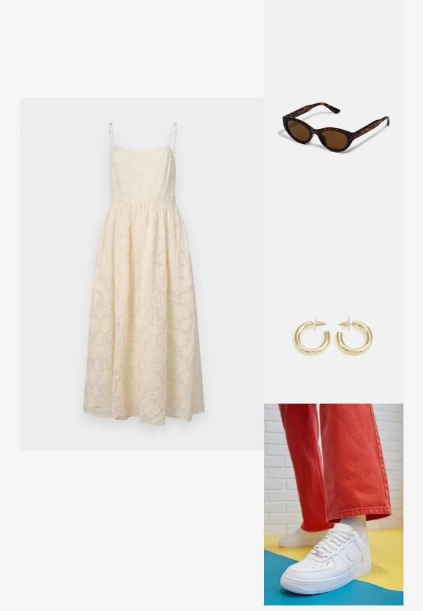 Krajková midi šaty v krémové barvě, s tenkými nastavitelnými ramínky, přiléhavým živůtkem a rozšířenou sukní s květinovými vzory po celé ploše.; Bílé kožené tenisky s perforovanou špičkou, texturovanou podešví a bílými tkaničkami, v kombinaci s širokými červenými kalhotami a modro-žlutým pozadím.; Hnědé želvovinové sluneční brýle ve vintage stylu kočičího oka s hnědými skly. Mají zakřivené nožičky s červenými akcenty.; Zlaté kruhové náušnice s hladkým, lesklým povrchem. Kruhový design s malým kolíčkem a průhledným záznamem pro bezpečné nošení.