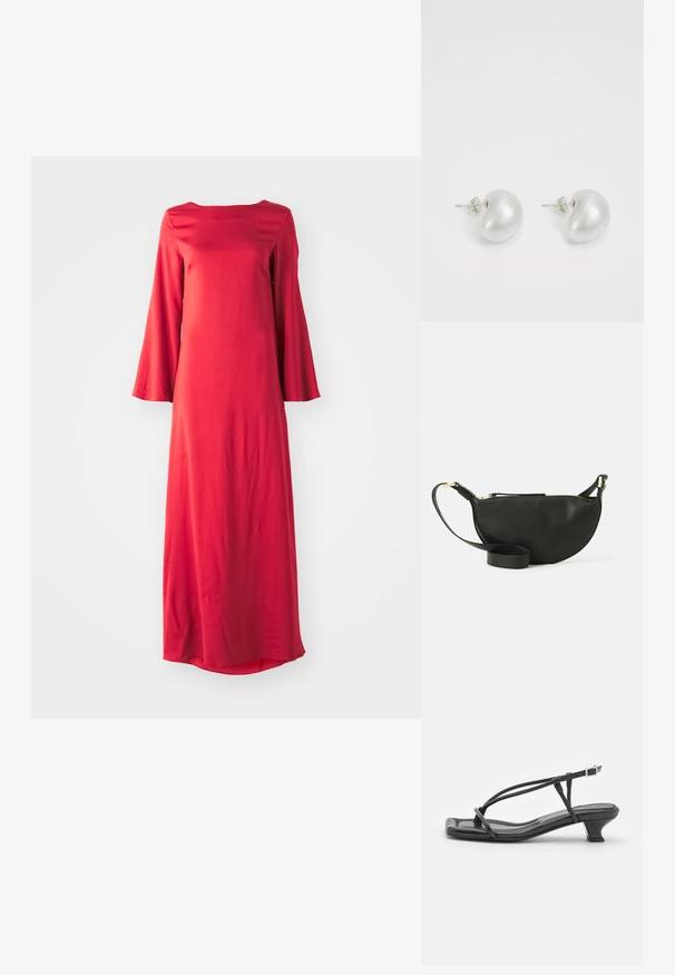 Dlouhé červené šaty z lehkého materiálu, s lodičkovým výstřihem a širokými zvonovými rukávy. Hladká textura s rovnou siluetou.; Černé kožené sandály s tenkými pásky, nízkým blokovým podpatkem a čtveratou špičkou. Obsahují přezku a mají hladkou texturu.; Černá kožená taška přes rameno ve tvaru půlměsíce, texturovaný povrch, zlatý zip a plochý popruh. Kompaktní design vhodný pro nezbytnosti.; Stříbrné perlové naušnice v zakřiveném tvaru fazole. Hladký, lesklý povrch a zajištěné pomocí kolíčku a zajišťovacího uzávěru.