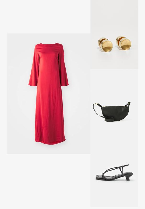 Garšīga sarkana kleita no viegla auduma, ar laivu tipa apkakli un platām zvanu piedurknēm. Gluda tekstūra ar taisnu siluetu.; Melnas ādas sandales ar plānām siksniņām, zemu blokveida papēdi un kvadrātveida deguniem. Ar sprādzi un gludu tekstūru.; Melnas ādas plecu soma ar pusmēness formu, teksturētu virsmu, zelta rāvējslēdzēju un plakanu siksnu. Kompakts dizains, kas piemērots svarīgākajām lietām.; Zeltaini metāla auskari ar vienkāršu apaļu formu, ar gludu apdari un centrālu pulētu joslu. Diametrs aptuveni 1 cm.