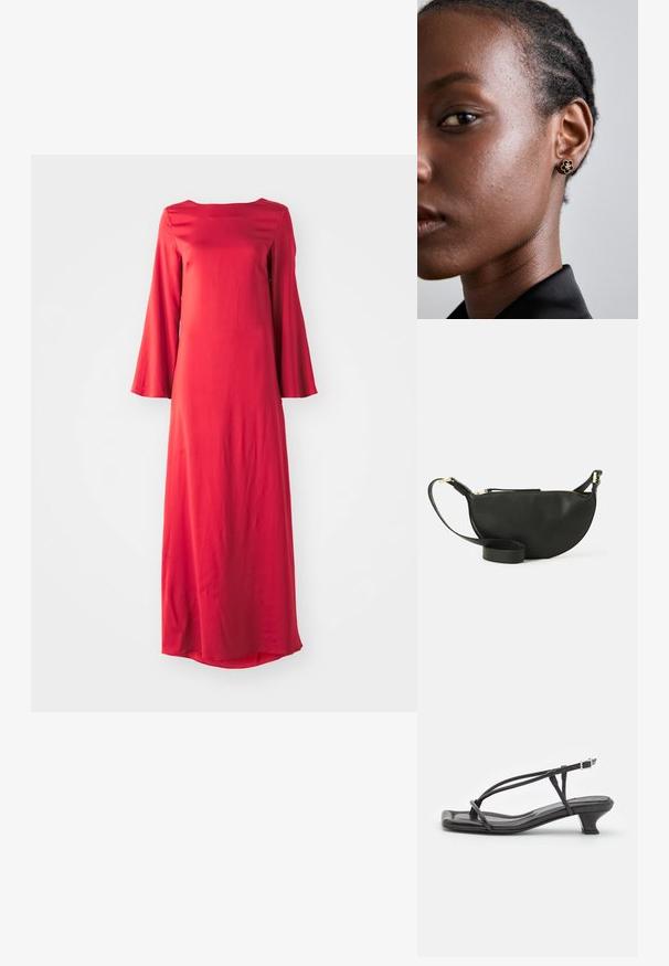 Langes rotes Kleid aus leichtem Stoff mit einem Bateau-Ausschnitt und weiten Glockenärmeln. Glatte Textur mit gerader Silhouette.; Schwarze Leder-Sandale mit dünnen Riemen, niedrigem Blockabsatz und quadratischer Spitze. Sie verfügt über einen Schnallenverschluss und eine glatte Textur.; Schwarze Leder-Umhängetasche in Halbmondform, mit strukturiertem Oberflächen, goldfarbenem Reißverschluss und flachem Trageriemen. Kompakte Ausführung, die für die wichtigsten Dinge geeignet ist.; Die goldenen Blumensteckerohrringe haben ein strukturiertes schwarzes Zentrum und zarte Verzierungen. Die klare Haut und die geflochtenen Haare des Modells sind profilseitig sichtbar.
