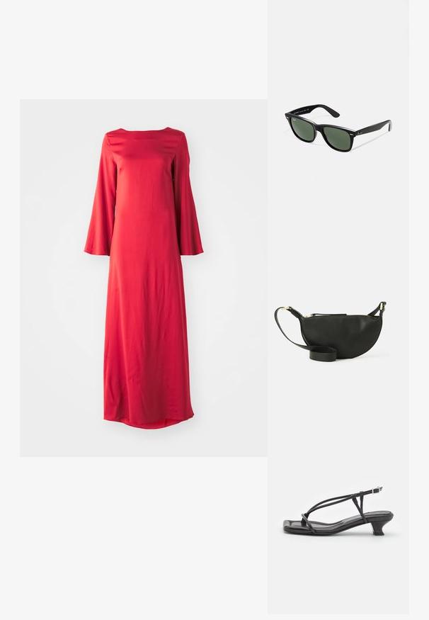 Langes rotes Kleid aus leichtem Stoff mit einem Bateau-Ausschnitt und weiten Glockenärmeln. Glatte Textur mit gerader Silhouette.; Schwarze Leder-Sandale mit dünnen Riemen, niedrigem Blockabsatz und quadratischer Spitze. Sie verfügt über einen Schnallenverschluss und eine glatte Textur.; Schwarze Plastiksonnenbrille mit grünen Gläsern, quadratischen Rahmen, silbernem Akzent auf der Augenbraue und strukturierten Bügeln. Angegebene Marke auf dem inneren Bügel.; Schwarze Leder-Umhängetasche in Halbmondform, mit strukturiertem Oberflächen, goldfarbenem Reißverschluss und flachem Trageriemen. Kompakte Ausführung, die für die wichtigsten Dinge geeignet ist.