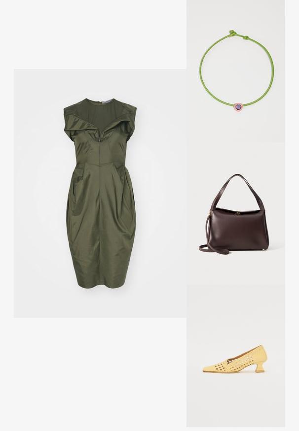 Oliwkowa sukienka z ustrukturyzowanym gorsetem, rozszerzanymi rękawami i marszczonymi detalami. Wykonana z gładkiego materiału, z zamkiem błyskawicznym z przodu.; Żółty pleciony but na obcasie z kwadratowym noskiem, wycięciami i rzeźbionym słupkiem. Teksturowany materiał podkreśla lekki wygląd.; Brązowa skórzana torebka o uporządkowanym kształcie, z pojedynczym uchwytem u góry i odczepianym paskiem na ramię. Złote detale metalowe.; Bea Bongiasca - Naszyjnik