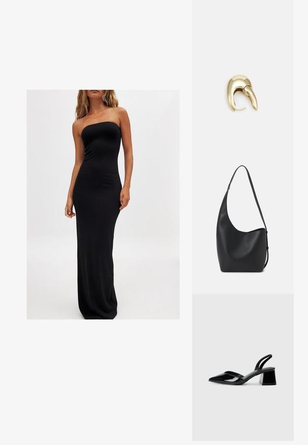 Frau in einem schulterfreien, bodenlangen schwarzen Kleid, die vor einem schlichten weißen Hintergrund steht und einen minimalistischen Mode-Stil präsentiert.; Schwarze Lackleder-Slingback-High Heels mit spitzem Schuh und einem geometrischen Blockabsatz. Verfügt über ein schlankes, minimalistisches Design und eine glatte Textur.; Schwarze Leder-Hobo-Tasche mit einer glatten Textur, geschwungener Form und einem einzelnen verstellbaren Tragegurt; verfügt über eine weite Öffnung am oberen Ende.; Ohrringe aus goldfarbenem Metall mit einem schlanken, geschwungenen Design. Sie verfügen über eine markante, spitze Form, eine polierte Oberfläche und einen Scharnierverschluss.