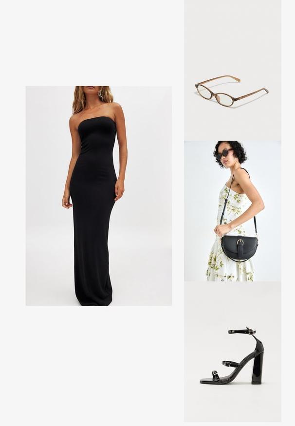 Nainen, joka on pukeutunut olkaimeton, lattiaan ulottuva musta mekko, seisoo yksinkertaista valkoista taustaa vasten, ja näyttää minimalistiselta muotityyliltä.; Musta kiiltävä korkokenkä sandaalit neliönmuotoisella varpaalla, nilkkaremmillä ja hopeisilla soljilla. Varustettu tukevalla lohkokorkealla vakauden takaamiseksi.; Ruskeat kilpikonnaruutulasiset silmälasit, joissa ovaalit linssit, ohuet varret ja läpinäkyvät yksityiskohdat. Temppeleissä on huomaamaton logo. Suunnittelultaan suora ja kevyt.; Musta nahkainen käsilaukku, joka on kaareva muotoilultaan, irrotettavalla hihnalla ja kultaisilla yksityiskohdilla. Laukussa on läppä, jossa on solk yksityiskohta.