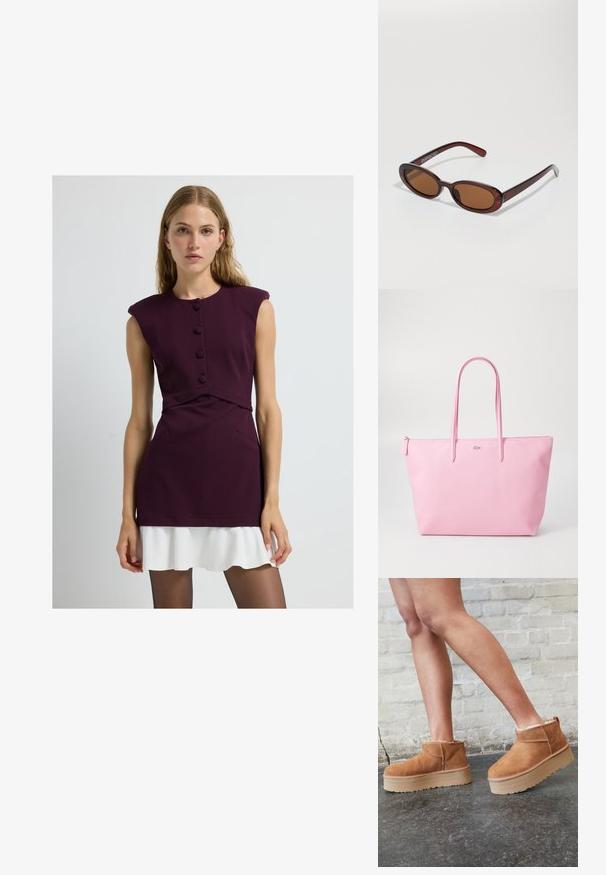 Korte jurk in diep bordeaux met korte mouwen, knoopdetails en een gelaagde witte ruches onderkant. Glad materiaal met zijzakken.; Bruine suède enkelboots met een zachte voering, dikke beige plateauzool en een achterste lus. Getextureerde oppervlakte met zichtbare stiksels.; Ronde, bruin getinte zonnebril met een glanzend bordeauxrood frame. Slanke pootjes met subtiele merkdetails. Vlakke lensontwerp.; Roze draagtas gemaakt van textuurmateriaal, met twee lange handvatten en een opgedrukte logo aan de voorkant. Ritssluiting aan de bovenkant.