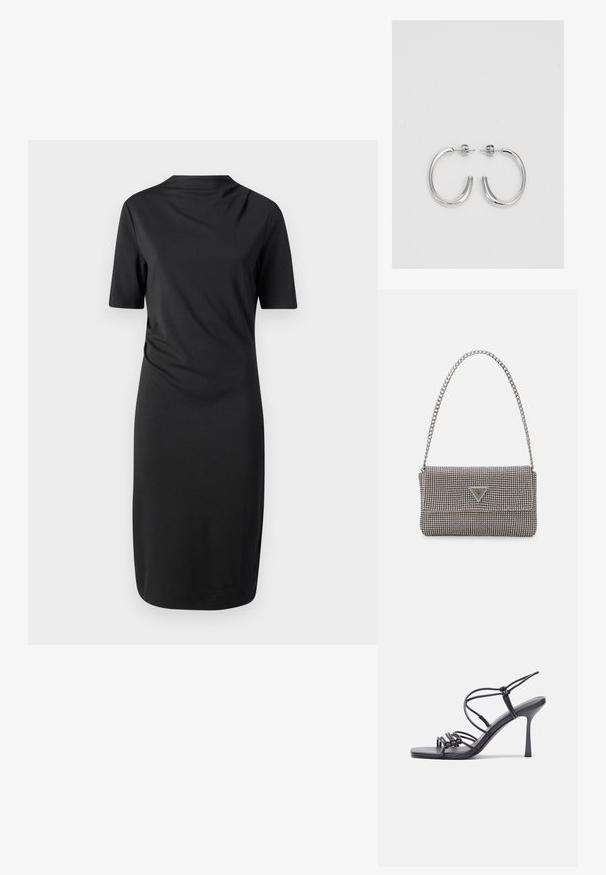 Rochie neagră cu mânecă scurtă, dintr-un material neted, cu decolteu rotund și croială dreaptă, ajungând puțin deasupra genunchiului.; Sandale negre cu toc înalt au curele subțiri cu un design legat, un vârf pătrat neted și un toc stiletto elegant.; Geantă metalică gri deschis, cu un strap din lanț, decorată cu mici ținte circulare metalice și un logo de marcă triangular.; Cercei creole din argint cu suprafață netedă și lucioasă, având o formă curbată și închidere cu tija. Design minimalist cu un finisaj modern.