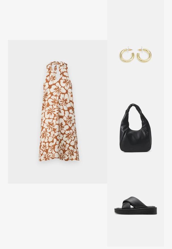 Kleita bez piedurknēm ar baltu un brūnu hibiska ziedu rakstu. Ar kakla saiti un vaļīgu, plūstošu siluetu.; Melnas ādas slide sandales ar krusteniskās siksnas dizainu, plakanu platformas zoli un gludu tekstūru. Minimālistiska un monohromatiska estētika.; Melnā hobo soma, kas izgatavota no gludas ādas līdzīga materiāla, ar savītu rokturi, ar mīkstu, noapaļotu formu un augšējo rāvējslēdzēju.; Zelta auskari ar gludu, spīdīgu apdari. Apaļš dizains, kas ietver mazu tapu un caurspīdīgu pamatni drošai valkāšanai.