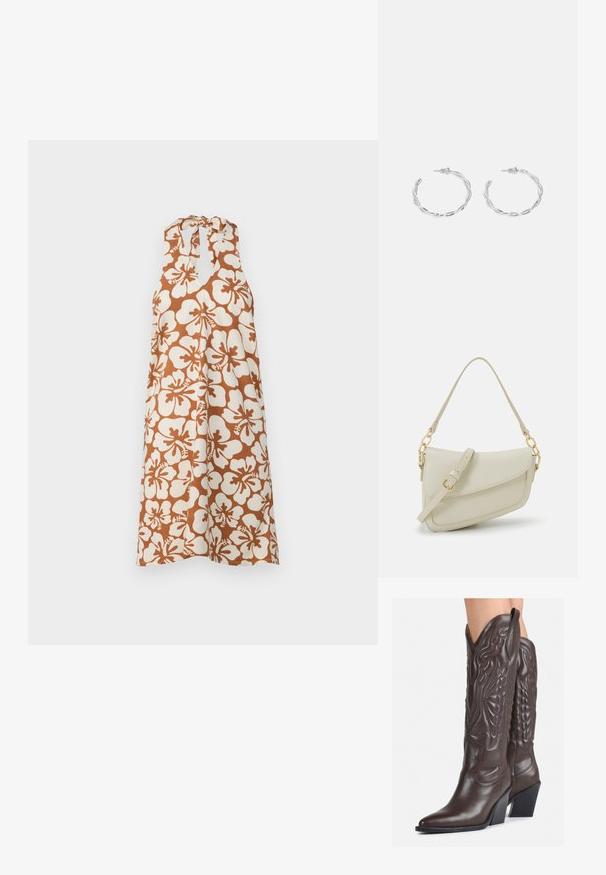 Mouwloze jurk met een wit en bruin hibiscus bloemenpatroon. Beschikt over een strikje bij de hals en heeft een losse, vloeiende silhoutte.; Bruine leren cowboylaarzen met een spitse neus en blokhak, voorzien van gedetailleerde stiksels en verhoogde accenten op de schacht.; Kleine crèmekleurige handtas met een textuurafwerking, een lange verstelbare schouderband, een kettingaccent en een klepsluiting. Gouden hardware-details.; Zilveren creolen met een gedraaide ontwerp, voorzien van een gepolijste afwerking en een post-back sluiting. Meet ongeveer 3 cm in diameter.
