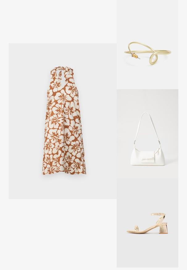 Rinnatu õlgadega kleit valge ja pruuni hibiski lillemustriga. Omab kaela juures sidumisvõimalust ja laia, voolavat siluetti.; Kuldmetalliline kontsaga sandaal, millel on nurkadega plokk-konts, kaks riba jala peal ja reguleeritav pahkluu rihm. Sujuv tekstuur.; Valge sünteetilisest materjalist kott kolmnurkse kujuga, lame esiklapiga ja kaaredetailiga, reguleeritava rihmaga, sileda tekstuuriga ja minimalistliku disainiga.; Kuldne metallist käevõru, millel on voolav ja kõver disain. Ühel otsal on väike, silmapaistev hõbedane aktsent.