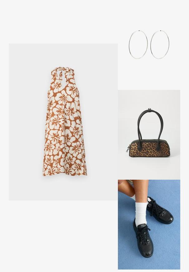 Bešvarkės suknelė su baltais ir rudais hibisko gėlėmis. Su kaklo raiščiu ir laisva, plazdenančia siluetu.; Juodi Nike sportbačiai turi tekstūruotą viršutinę dalį, blizgius akcentus ir apvalius raiščius. Jie derinami su baltais banguotais kojinėmis ant šviesiai mėlynos paviršiaus.; Leopardų rašto rankinė su juodu dirbtinės odos pagrindu, dviem viršutiniais rankenomis, auksine užtrauktuku ir akcentuotais juodais dirbtinės odos ženklais. Stačiakampio formos.; Sidabriniai auskarai-žiedai su lygiu, apvaliu dizainu ir blizgiu paviršiumi. Jie yra ploni ir lengvi, turintys paprastą užsegimą.