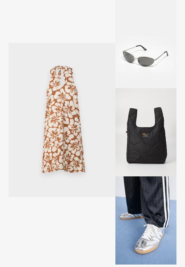 Rochie fără mâneci cu un model floral de hibiscus alb și maroniu. Prezintă o curea la gât și o siluetă lejeră, fluidă.; Tenisi metalici argintii cu șireturi albe și trei dungi albe, asortați cu pantaloni negri cu dungi. Accente din cauciuc la bază.; Ochelari de soare cu un cadru metalic argintiu, lentile nuanțate de gri și un design aerodinamic, cu colțuri ascuțite și brațe subțiri.; Geantă tote căptușită neagră, cu o deschidere mare, forme curbate pe suprafață și un eticheta cu text galben și alb pe față.; Cercei din argint care prezintă două forme de picătură și două forme rotunde, toate având o suprafață lustruită, reflectorizantă și o textură netedă.