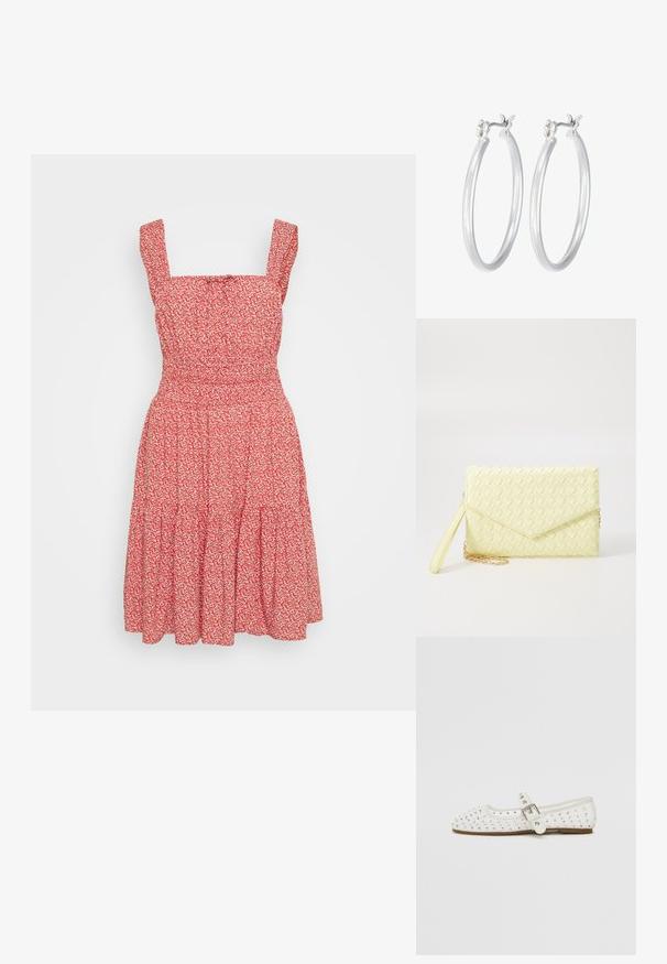 Rød blomsterkjole med firkantet udskæring, tynde skulderstropper og en lagdelt nederdel. Fremstillet af letvægtsstof med en tekstureret overflade.; Hvide flade sko med spidse tæer, prydet med sølvnitter, har en spænde rem over vristen og en lys brun sål.; Gul vævet clutchpung med en klapdesign, et aftageligt håndledsarmbånd og en guld kæde-accent. Glat tekstur og rektangulær form.; Sølv hoop øreringe med en glat, poleret overflade. Rund form og sikker klik-lukning. Letvægtsdesign, der er velegnet til hverdagsbrug.