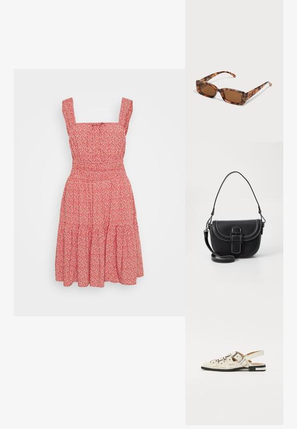 Abito floreale rosso con scollatura quadrata, sottili spalline e gonna a strati. Realizzato in tessuto leggero con un aspetto texturizzato.; Sandali slingback in pelle bianca con più cinturini larghi e fibbie d'argento; suola piatta con un piccolo tacco nero e dettagli metallici.; Occhiali da sole tartarugati con lenti rettangolari marroni, una montatura spessa e stanghette sottili con un motivo di diverse tonalità di marrone.; Borsa a spalla nera in pelle con un design curvo, chiusura a fibbia prominente e dettagli di cucitura bianca. Inclusa tracolla regolabile.; Orecchini a cerchio in argento con una finitura liscia e lucida. Forma rotonda e chiusura a scatto sicura. Design leggero adatto per l'uso quotidiano.