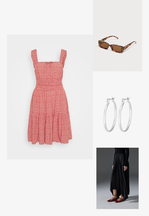 Rød blomsterkjole med firkantet udskæring, tynde skulderstropper og en lagdelt nederdel. Fremstillet af letvægtsstof med en tekstureret overflade.; Sort plisseret nederdel med en høj-lav kant, parret med glansfulde røde flade sko med en remdesign. Stoffet har en glat overflade.; Skildpaddemønster solbriller med rektangulære brune linser, en tyk ramme og slanke arme med et mønster af varierende nuancer af brune.; Sølv hoop øreringe med en glat, poleret overflade. Rund form og sikker klik-lukning. Letvægtsdesign, der er velegnet til hverdagsbrug.