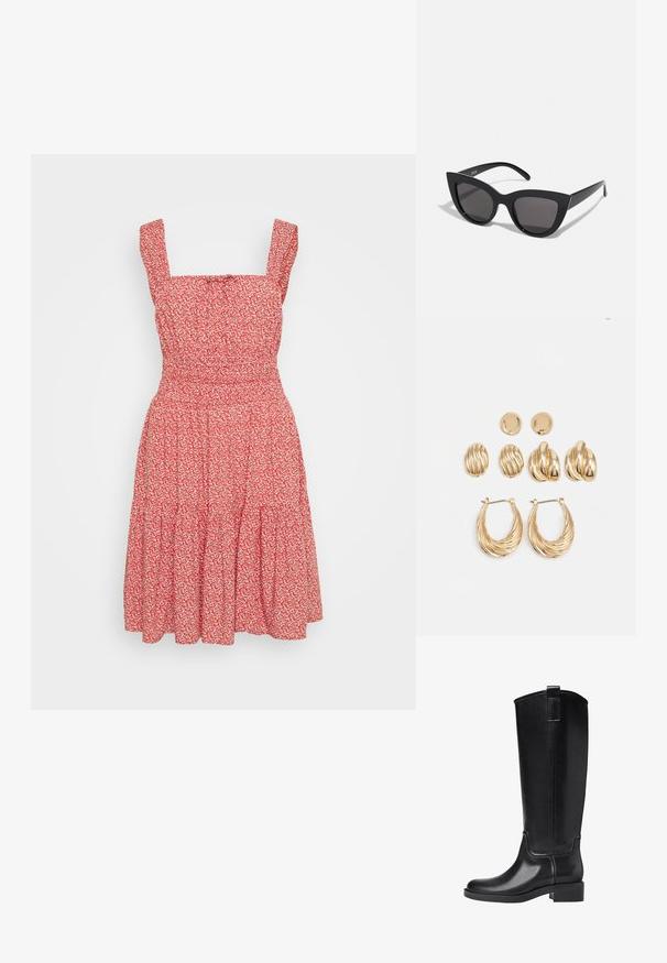 Crvena cvjetna haljina s četvrtastim izrezom, tankim naramenicama i slojevitom suknjom. Izrađena od lagane tkanine s teksturiranim izgledom.; Crne čizme do koljena napravljene od glatkog sintetičkog materijala. Imaju zaobljen vrh, nisku blok petu i vertikalne šavove.; Crne mačkaste sunčane naočale s mat završnom obradom, sivo obojeni leće, oštri kutovi i elegantne bočne ručke. Ime brenda vidljivo na unutrašnjoj strani ručke.; Zlatni naušnice set koji se sastoji od tri para: teksturirane ovalne naušnice na zakovicu, naušnice valovitog dizajna i velike naušnice u obliku obruča s slojevitim izrezima.