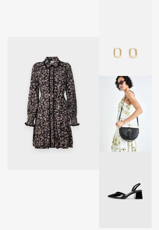 Czarna sukienka w kwiaty z długimi rękawami, z kołnierzykiem i falbaniastym dołem w warstwy. Posiada dopasowaną talię oraz marszczone mankiety z subtelnym wzorem kwiatowym.; Czarne lakierowane półbuty na obcasie z wydłużonym noskiem i geometrycznym słupkiem. Charakteryzują się eleganckim, minimalistycznym designem oraz gładką fakturą.; Czarna skórzana torebka o zakrzywionym kształcie, z odpinanym paskiem i złotymi akcentami. Torebka posiada klapę z zapięciem w kształcie klamry.; Złote prostokątne kolczyki w kształcie obręczy o gładkiej fakturze i zaokrąglonych krawędziach. Projekt cechuje minimalistyczny, geometryczny kształt.
