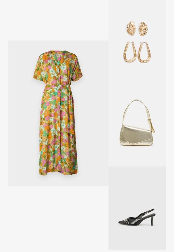 Maxikjole med blomsterdesign i orange, rosa, turkise og grønne nyanser. Laget av lett stoff med korte ermer og belte med knytning.; Sorte patentlær slingback-sko med spiss tå, ankelremmer med sølvspenner og detaljer, og en slank hæl.; Gullfarget metallisk håndveske med en strukturert design, glatt tekstur og justerbar stropp. Har en unik trekantet form og minimalistisk søm.; Gullfargede øredobber med teksturerte, bølgete former. Inkluderer skulpturelle klipsstuds og åpen hoop-design med en hamret finish.