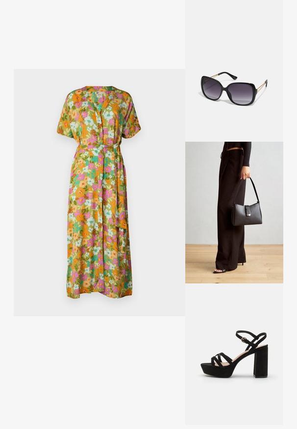 Ilgas suknelė su gėlių raštu oranžinėmis, rožinėmis, turkio ir žaliai spalvomis. Pagaminta iš lengvo audinio, turi trumpas rankoves ir pririšamą diržą.; Juodos zomšinės platformos šlepetės su storu kulnu, turinčios kryžminius įtempimo dirželius ir sagtimi reguliuojamą kulkšnies dirželį saugiam prigludimui.; Juodos didelės saulės akinių su pereinamais objektyvais, storomis rėmeliais ir auksinės spalvos grandinėmis ant šventyklų.; Juodas rankinė struktūrizuota forma, lygi tekstūra ir metalinis užsegimas. Suporuota su plačiomis juodomis kelnėmis ir atvirais bateliais ant medinių grindų.