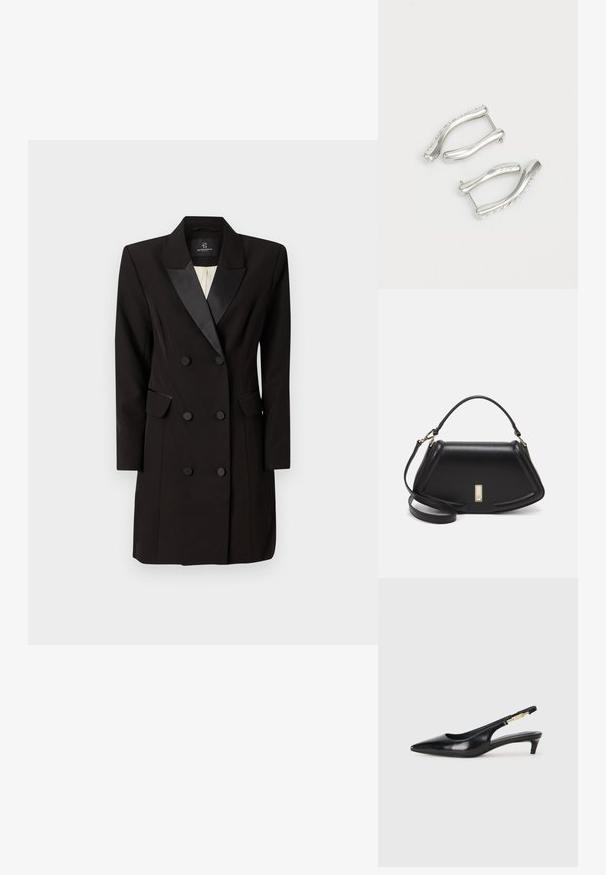 Kaksirivinen musta bleiserimekko, joka on valmistettu sileästä kankaasta. Mekossa on satiinikaulus, kaksi läppätaskua ja kuusi etupainiketta.; Mustat nahkaiset slingback-korkokengät, joissa on terävä kärki, ohuet korot ja kultasävytteinen yksityiskohta säädettävässä hihnassa. Silkkinen pinta.; Mustalla nahkalaukulla, jossa on jämäkkä muotoilu, lyhyt malli, yläkahva ja kultaiset yksityiskohdat. Säädettävä olkahihna sisältyy.; Hopeiset korvakorut, joissa on aaltoileva muotoilu, joissa on sileät kaaret ja teksturoitu reuna. Lähikuva kiinnitysdetailista näkyvissä.