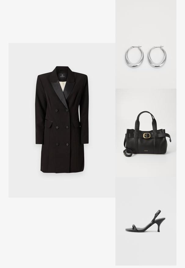 Doppelreihiges schwarzes Blazer-Kleid aus glattem Stoff, mit satinierter Revers und zwei aufgesetzten Taschen, sowie sechs Knöpfen vorne.; Schwarze Leder-Sandalen mit hohen Absätzen, schlankem, gebogenem Absatz und gekreuztem Riemendesign. Verstellbarer Knöchelriemen. Glatte Textur.; Schwarze Lederhandtasche mit strukturiertem Design, doppelten oberen Griffen, goldfarbenem Schnallenakzent und geprägtem Markenlogo auf der Vorderseite.; Ein Paar polierte silberne Halbmond-Ohrringe mit Scharnierverschlüssen auf einem weißen Hintergrund.