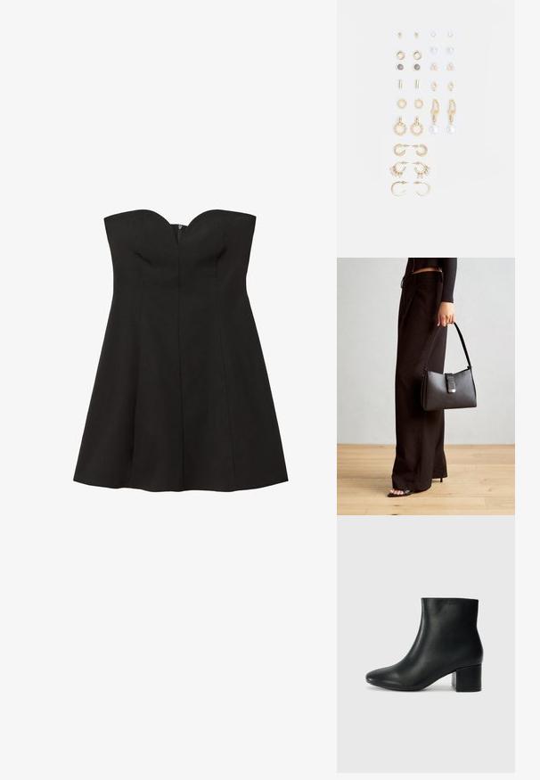 Sort strampløs kjole med tætsiddende liv og udskåret nederdel. Glat tekstur, lodret sømdetalje og skjult lynlås bagpå.; Sorte læder ankelstøvler med spids tå og en kraftig hæl. Glat tekstur med minimale detaljer og et slankt, tætsiddende design.; Sort håndtaske med struktureret form, glat overflade og metalspænde. Sammen med brede sorte bukser og sandaler med åben tå på trægulv.; Sæt af guldfarvede øreringe med forskellige designs, herunder studs, hoops og hængende modeller med perler og rhinsten.