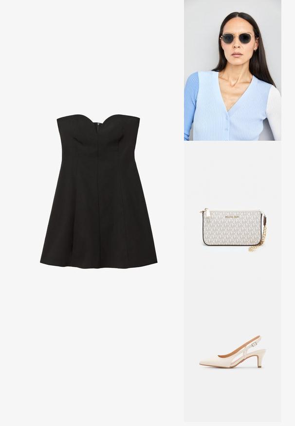 Abito nero senza spalline con corpino aderente e gonna svasata. Tessuto liscio, dettagli con cuciture verticali e zip invisibile sul retro.; Slingback bianco con punta affusolata, materiale superiore liscio, tacco basso a blocco e design con ritagli laterali, dotato di cinturino regolabile con fibbia.; Occhiali da sole rotondi con lenti scure e montatura dorata. Il modello indossa un cardigan leggero azzurro a costine con bottoni e maniche bianche a contrasto.; Wristlet Michael Kors in tela rivestita beige con motivo a logo MK ripetuto, hardware dorato e tracolla a catena staccabile.