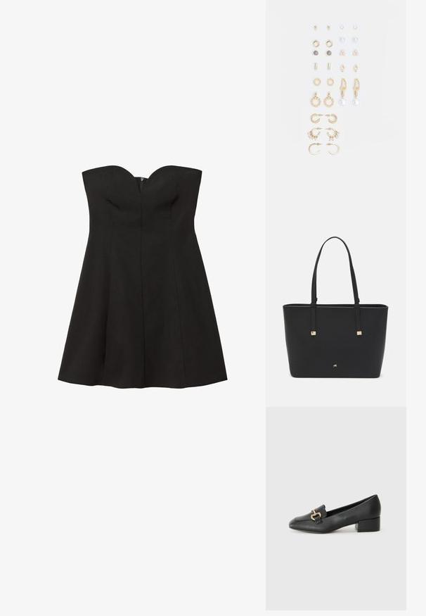 Sort strampløs kjole med tætsiddende liv og udskåret nederdel. Glat tekstur, lodret sømdetalje og skjult lynlås bagpå.; Sorte læder loafers med flad hæl, der har en dekorativ guldhardwaredetalje foran og en glat overflade.; Sort tote bag lavet af syntetisk materiale, med et enkelt rektangulært design, gyldne firkantede detaljer og dobbelt håndtag.; Sæt af guldfarvede øreringe med forskellige designs, herunder studs, hoops og hængende modeller med perler og rhinsten.
