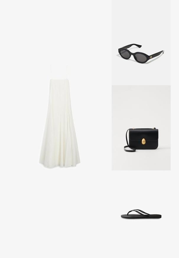 Witte mouwloze jurk met een uitlopende silhoeët, gemaakt van lichtgewicht stof, met verticale naden en dunne verstelbare bandjes.; Zwarte flip-flop met een gestructureerde rubberen zool, twee slanke banden en een subtiele, ingedrukte logo-detail op de band.; Zwarte ovale zonnebril met donkere glazen en een glanzend kunststof frame. Heeft een gouden logo op de poot, dat een strakke en moderne uitstraling biedt.; Zwarte leren handtas met een gestructureerde rechthoekige vorm. Voorzien van een gouden ovale sluiting en een dunne schouderband. Glad van textuur.
