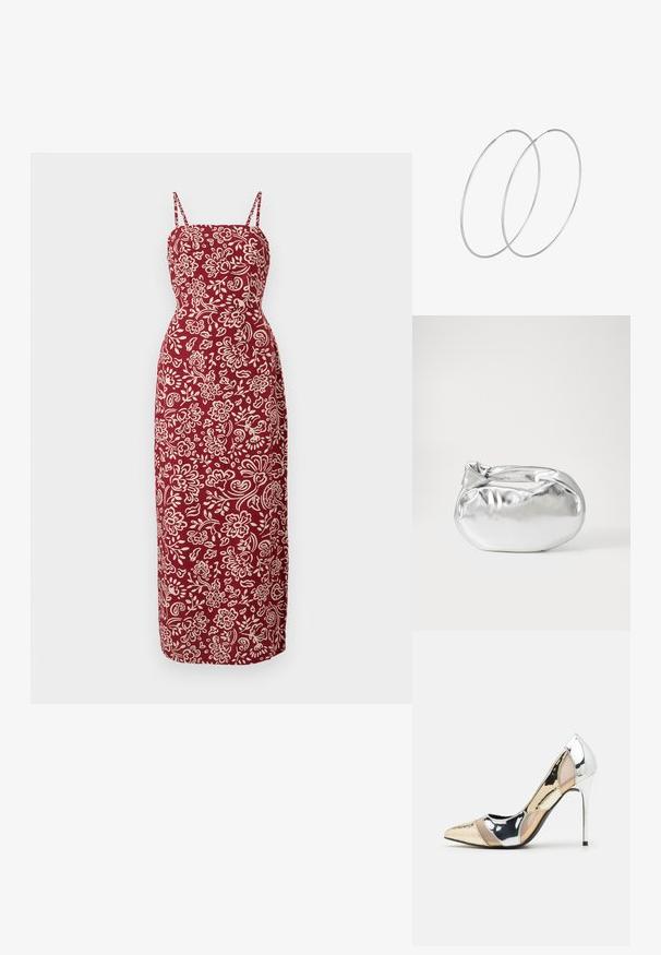 Maxi sukienka w głębokim czerwonym kolorze, z dopasowaną górą i cienkimi ramiączkami. Posiada biały kwiatowy wzór oraz prostą sylwetkę.; Czółenka na wysokim obcasie z wąskim noskiem w kolorze srebrnym, złotym i nude. Lśniące wykończenie z wycięciami, z obcasem w stylu stiletto.; Srebrna metaliczna torba worek o miękkim, zaokrąglonym kształcie i zawiązywanym z góry zapięciem. Wykonana z gładkiego materiału imitującego skórę.; Srebrne kolczyki w formie obręczy o minimalistycznym designie. Okrągły kształt, gładka faktura i cienki profil. Lekkie, z polerowanym wykończeniem.
