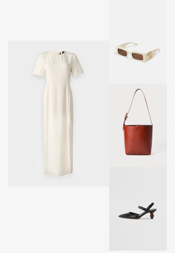 Marella PATTO - Denné šaty - wool white; Čierna kožená slingback obuv s špicatou špičkou, zakriveným dizajnom a okrúhlou drevokatou pätou. Obsahuje úzky popruh okolo členka.; Biele obdĺžnikové slnečné okuliare s hnedými sklami. Na strane majú výrazné zlaté logo GG. Vyrobené zo štruktúrovaného plastového materiálu.; Hnedá kožená vedierková kabelka s nastaviteľným ramenným popruhom a zlatým sponou, jednoduchý vertikálny šev na prednej strane.