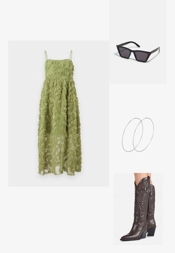 Kerge rohelise värvi maxi kleit, millel on volangilised kangad, õhukesed reguleeritavad rihmad ja voolav siluett, millel on tikitud tekstuur.; Pruunid nahast cowboy saapad terava varbaga ja plokk-kandaga, millel on detailne tikand ja kergelt tõstetud aktsendid varrel.; Mustad mustrakellad, millel on hallid šabloonid; valmistatud plastist, paksude ja siledate kätega, ilma nähtava riistvarata.; Hõbedased rõngastikkaehingad minimalistlikus disainis. Ümar kuju, sile tekstuur ja õhuke profiil. Kerged ning poleeritud viimistlusega.