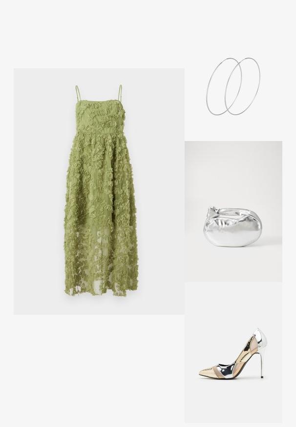 Maxi haljina u svijetlozelenoj boji, s volanima, tankim podesivim trakama i lepršavim siluetom s izvezenom teksturom.; Cipele s visokom potpeticom i špicastim vrhom u srebrnoj, zlatnoj i nude boji. Sjajan finiš s izrezbarenim dizajnom, s potpeticom u obliku stiletto.; Srebrna metalik torbica s mekim, zaobljenim oblikom i čvorastim zatvaranjem na vrhu. Izrađena od glatke sintetičke kože.; Srebrne okrugle naušnice s minimalističkim dizajnom. Kružni oblik, glatka tekstura i tanak profil. Lagane s poliranim završetkom.