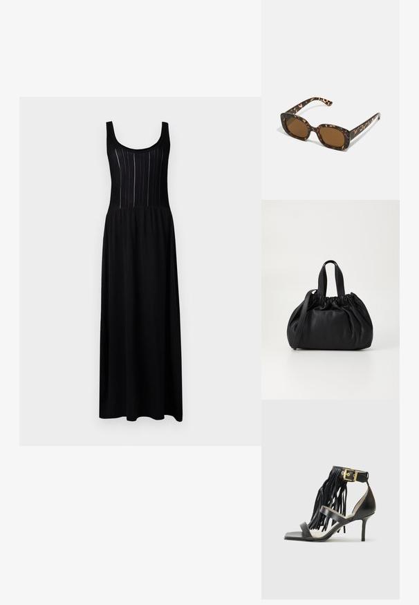 Zwarte maxijurk met een aansluitende top met verticale ribbelstructuur en een ronde halslijn, die overgaat in een losse onderkant.; Zwarte hoge hak sandaal met franjes, enkelband met gouden hardware, platte vierkante neus en twee kruissluitingen over de wreef.; Tortoiseshell zonnebril met een ronde, stevige montuur en bruine lenzen. Heeft subtiele patronen en rechte, taps toelopende veren.; Zwarte leren handtas met een geplooid ontwerp aan de bovenkant, voorzien van twee korte handvatten en een lange verstelbare schouderband. Gladde textuur, ronde vorm.
