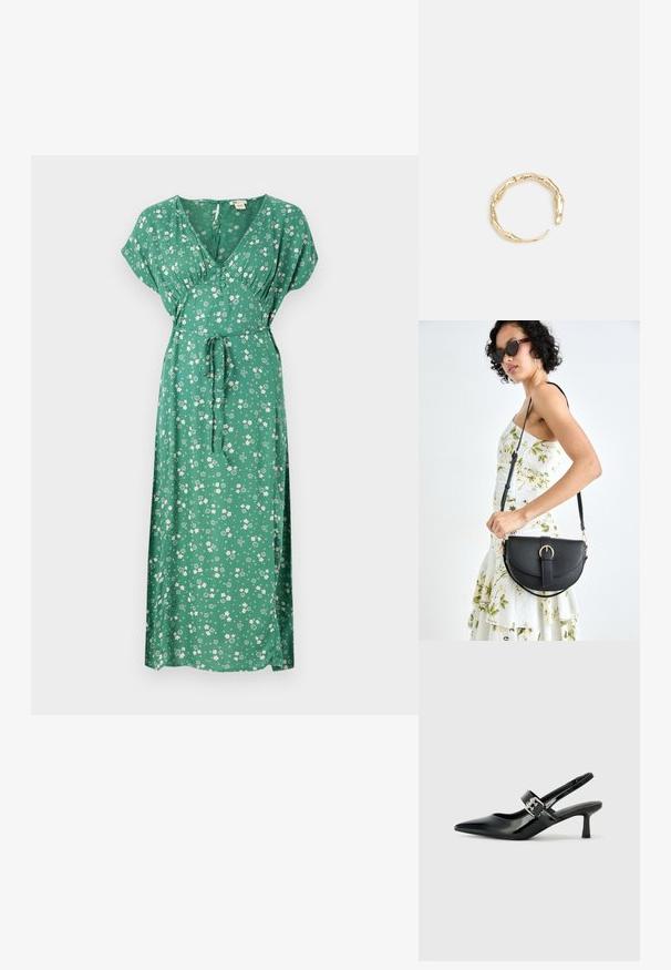 Zelena cvetna maksi obleka s kratkimi rokavi, V-izrezom, dizajnom z vezavo na pasu in lahko tkanino z razpršenimi belimi cvetovi.; Črne patent usnjene slingback pete s koničastim nosom in majhnim blok peto, ki vključujejo srebrno zaponko na traku.; Črna usnjena torbica s ukrivljeno obliko, z odstranljivo naramnico in zlatimi dodatki. Torbica ima pokrov s podrobnostmi v obliki zaponke.; Zlati prstan s organskim, zvitim dizajnom, gladko površino in taperiranimi konci, ki ustvarja modernega, skulpturalnega videza.