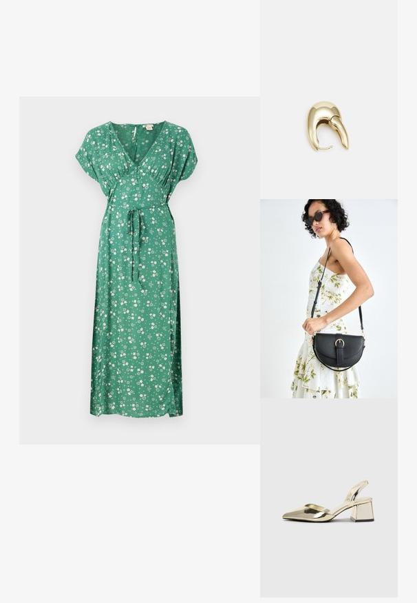 Green floral maxi dress with short sleeves, V-neckline, tie waist design, and lightweight fabric featuring scattered white flowers.; Gold, metallic slingback heels with a pointed toe and chunky heel. Smooth texture, minimalistic design, and a narrow strap.; Black leather handbag with a curved shape, detachable strap, and gold hardware. The bag features a flap with a buckle detail.; Gold-tone metal earring with a sleek, curved design. Features a distinctive pointed shape, polished surface, and hinge closure.