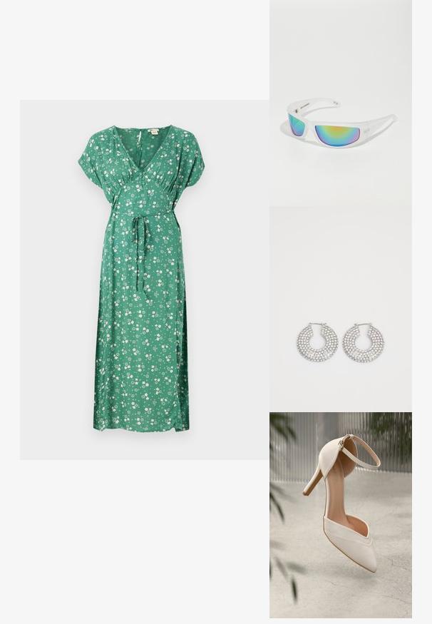 Grünes Blumenkleid in Maxilänge mit kurzen Ärmeln, V-Ausschnitt, Taillenknotendesign und leichtem Stoff, der mit verstreuten weißen Blumen verziert ist.; Weiße High Heels aus glattem Material mit spitzem Schuhschild und Knöchelriemen. Mit einem hellbraunen Innenleben und goldfarbener Hardware-Akzentuierung.; Sonnenbrille mit einem transparenten weißen Gestell und reflektierenden, mehrfarbigen Gläsern. Verfügt über ein sportliches Design und eine aerodynamische Form.; Silberne Creolen, verziert mit mehreren klaren Kristallverzierungselementen, mit einer strukturierten Oberfläche und einem offenen, kreisförmigen Design.