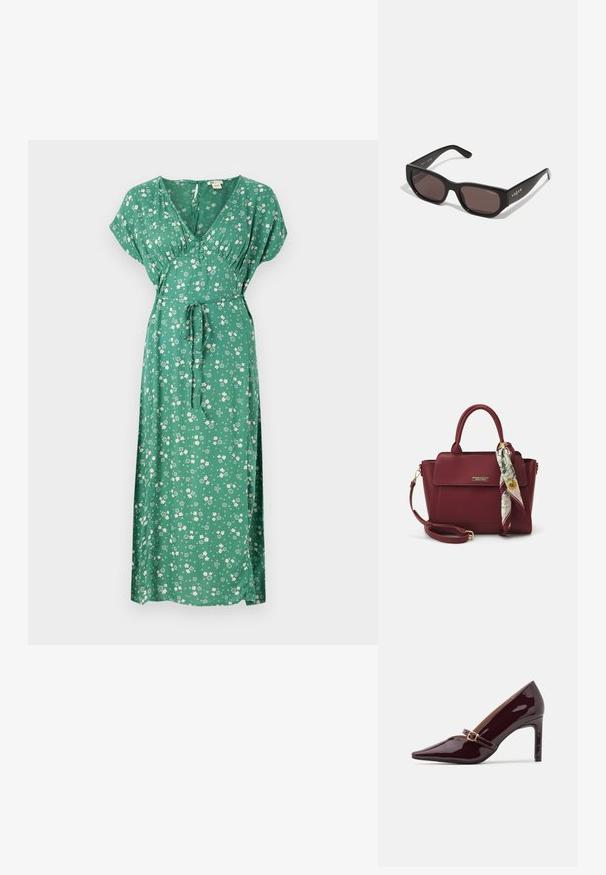 Vestido largo floral verde con mangas cortas, escote en V, diseño con cinturilla ajustable y tejido ligero con flores blancas dispersas.; Zapato de tacón alto burdeos con punta afilada, tira de tobillo con detalles en oro y un acabado liso y pulido. Tacón de aguja elevado.; Gafas de sol rectangulares negras con lentes oscuros. Cuentan con una montura de plástico suave y detalle del logo en la varilla. Diseño limpio y moderno.; Bolso burdeos de material sintético con un diseño estructurado, que cuenta con una correa desmontable y una bufanda con estampado floral atada al asa.