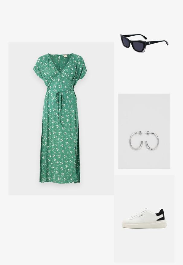 Zelena cvjetna maksi haljina s kratkim rukavima, izrezom u obliku V, dizajnom s vezanjem u struku i laganom tkaninom koja prikazuje raštrkane bijele cvjetove.; Bijele kožne tenisice s debelim bijelim potplatom, crnim zamšastim akcentom na peti i ugraviranim logom sa strane. Dizajn s vezicama i šest rupa za vezivanje.; Crne oversize sunčane naočale geometrijskog oblika, s tamnim staklima i kontrastnom sivom dekoracijom na okviru. Logo na dršci.; Srebro naušnice u obliku prstena s glatkom, sjajnom završnom obradom. Zaobljenog oblika, laganog dizajna, s kopčom na poleđini.