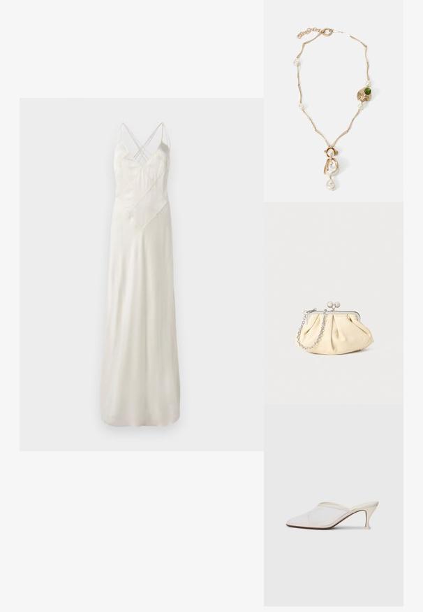 Pikk, kreemjasatäänist kleit õhukeste rihmadega, millel on risti disain kaeluses ja lõtva värviga, ning sile ja särav tekstuur.; Valge võrkmaterjalist teravatoa mulli king, millel on peen keskmise kõrgusega konts ja libisev disain, tühjal taustal.; Kortsus beežist nahast kotike, millel on hõbedane metallraam, kaunistatud kahe ümmarguse dekoratiivse lukuga ja hõbedase ketispideme. ; Kuldne kaelakee keerutatud linkidega, valgete pärlitega ja rohelise kivi aktsendiga. Omab keerukaid detaile ja klambrit kinnitamiseks.