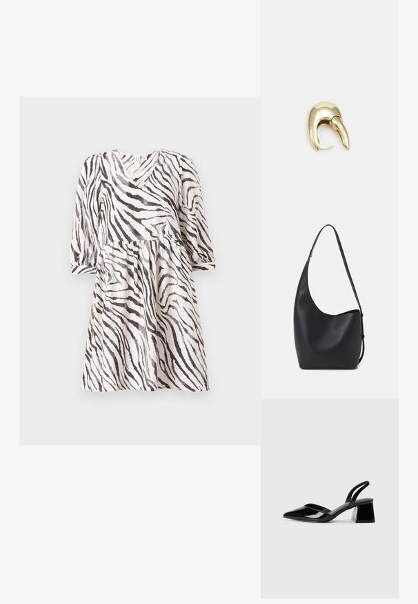 Vestido de estampado de cebra en blanco y negro con escote en V, mangas de tres cuartos y cintura fruncida. Tejido ligero con una silueta fluida.; Zapatos de tacón slingback de charol negro con punta afilada y tacón geométrico en bloque. Presentan un diseño elegante y minimalista, así como una textura suave.; Bolso tipo hobo de cuero negro con una textura suave, forma curvada y una sola correa ajustable; presenta una amplia apertura en la parte superior.; Pendiente de metal en tono dorado con un diseño elegante y curvado. Presenta una forma puntiaguda distintiva, superficie pulida y cierre de bisagra.